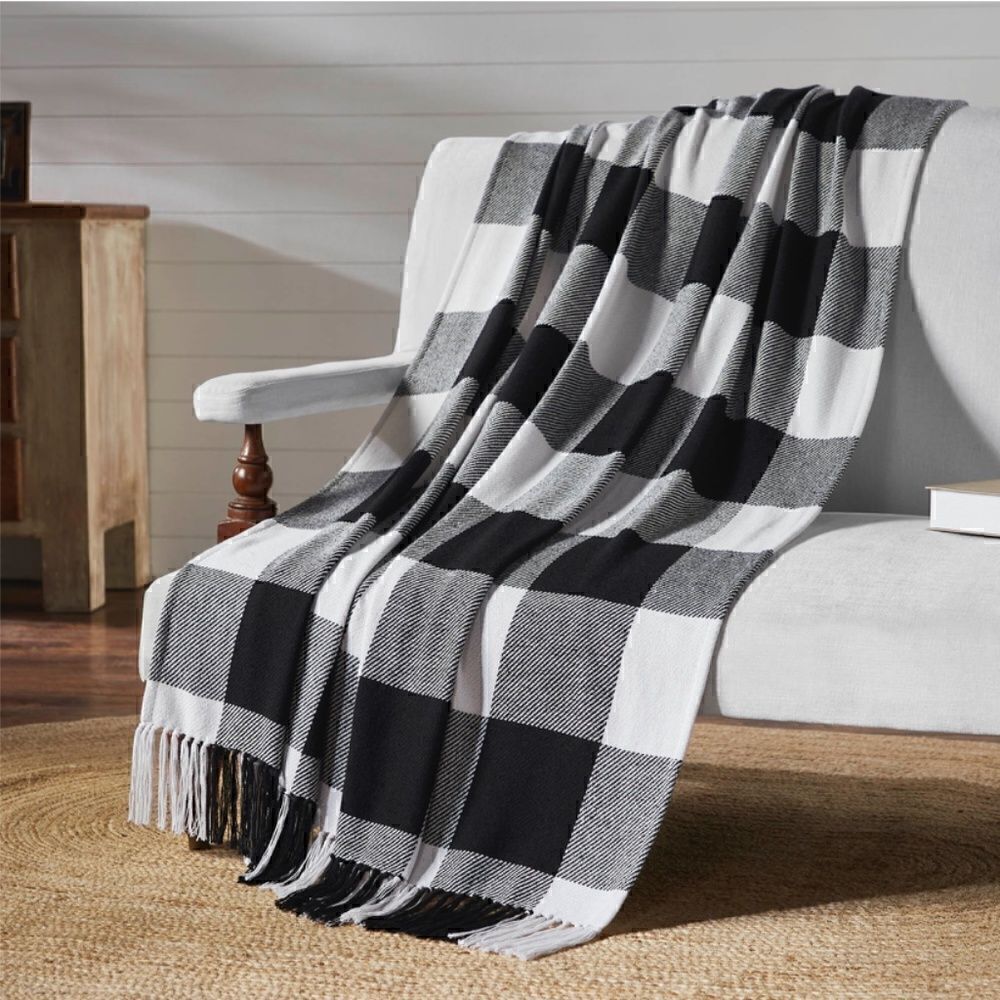 NEW! Black White Buffalo Plaid 100% Cotton Throw Blanket Fringed Cozy Warm